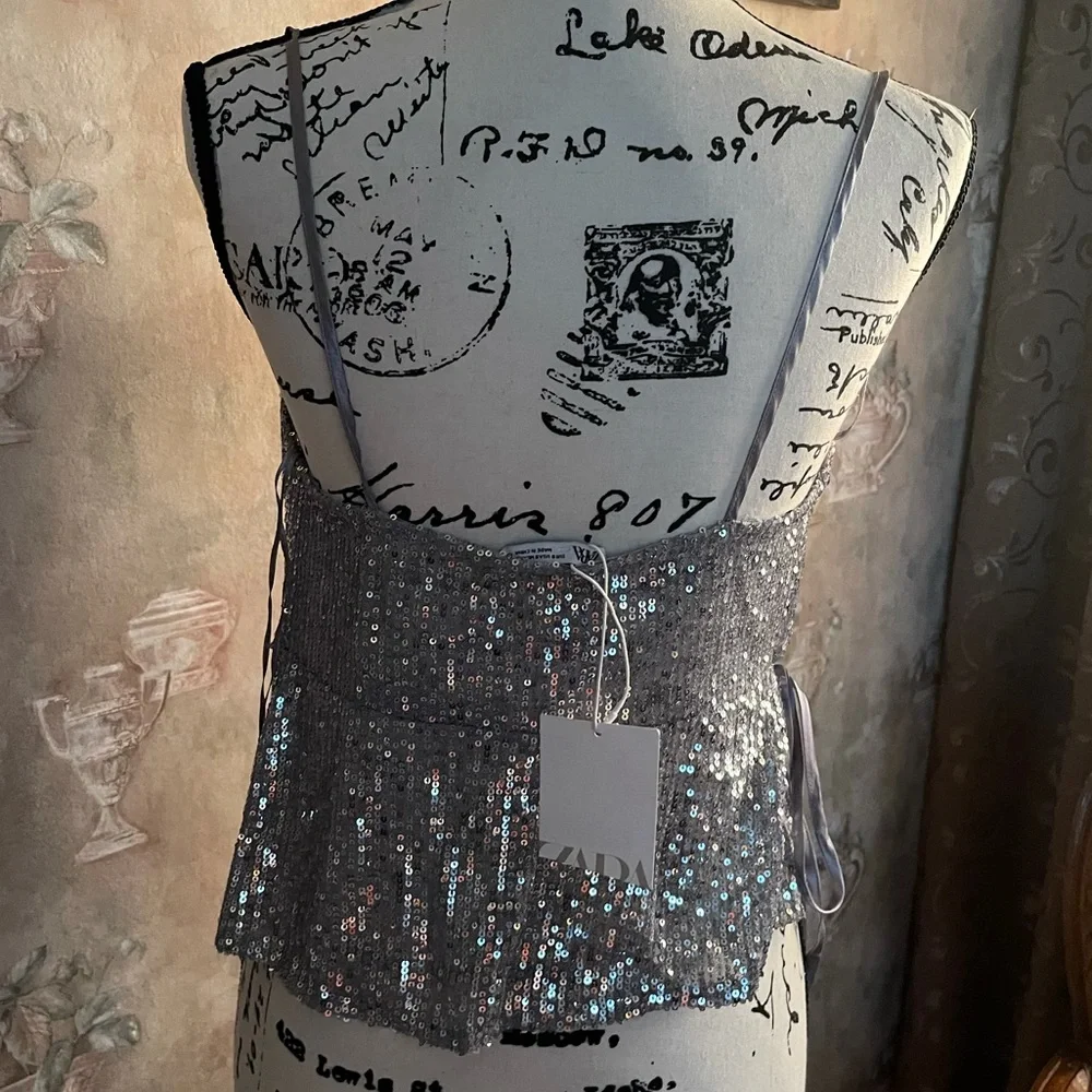 ZARA SILVER SEQUIN WRAP TOP NWT - Picture 5 of 6